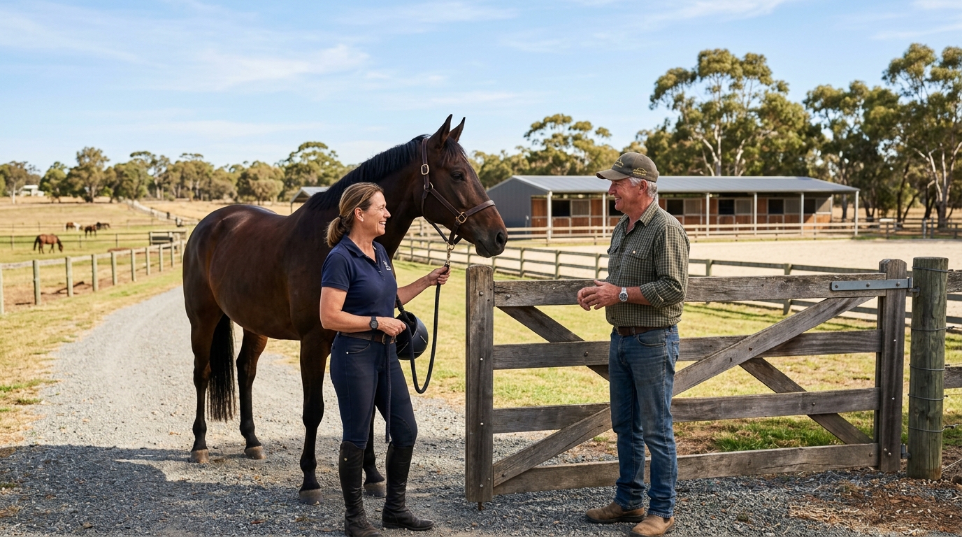A friendly conversation between a horse owner holding a lead rope and an agistment property manager by a wooden paddock gate