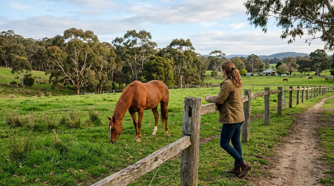 A person standing thoughtfully near a paddock fence observing gentle horses in an Australian countryside setting