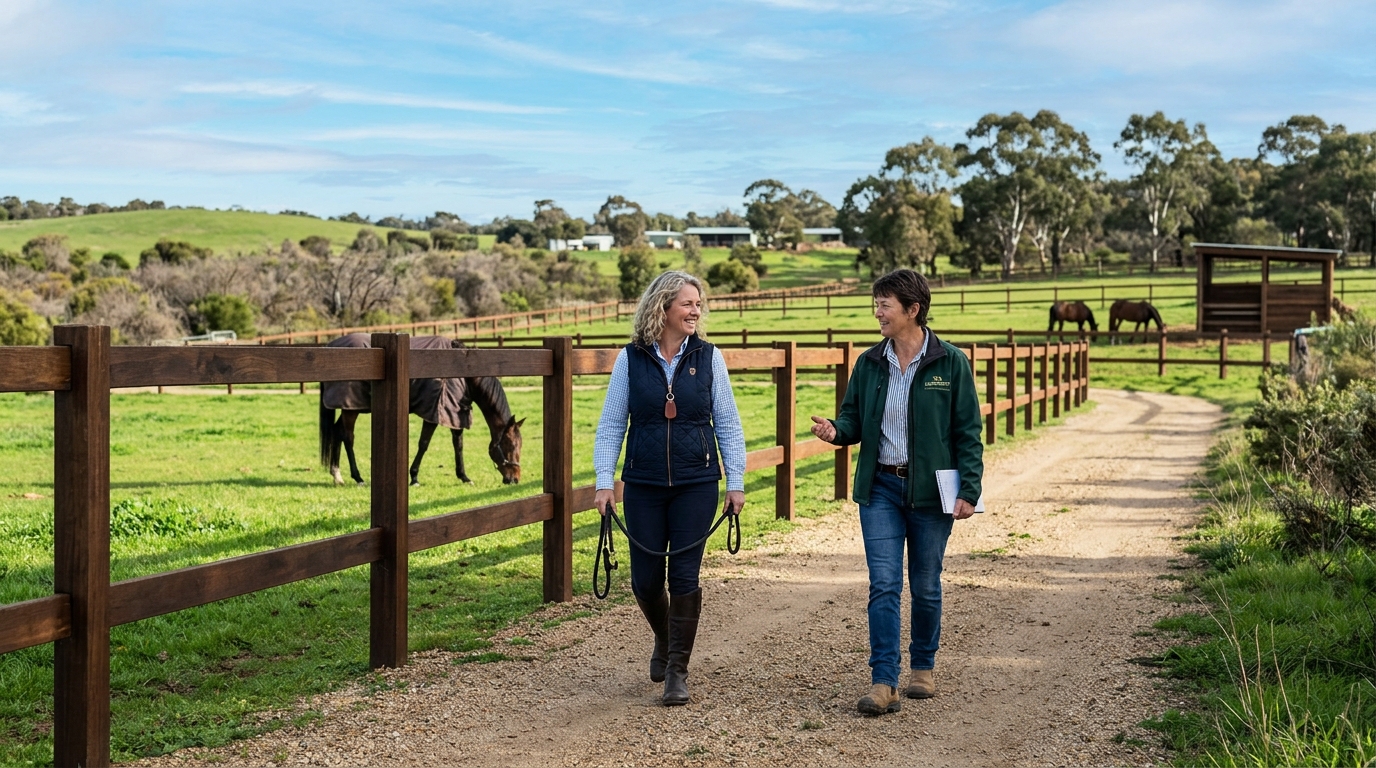 A horse owner and agistment manager discussing care arrangements and paddock boarding options in Byford