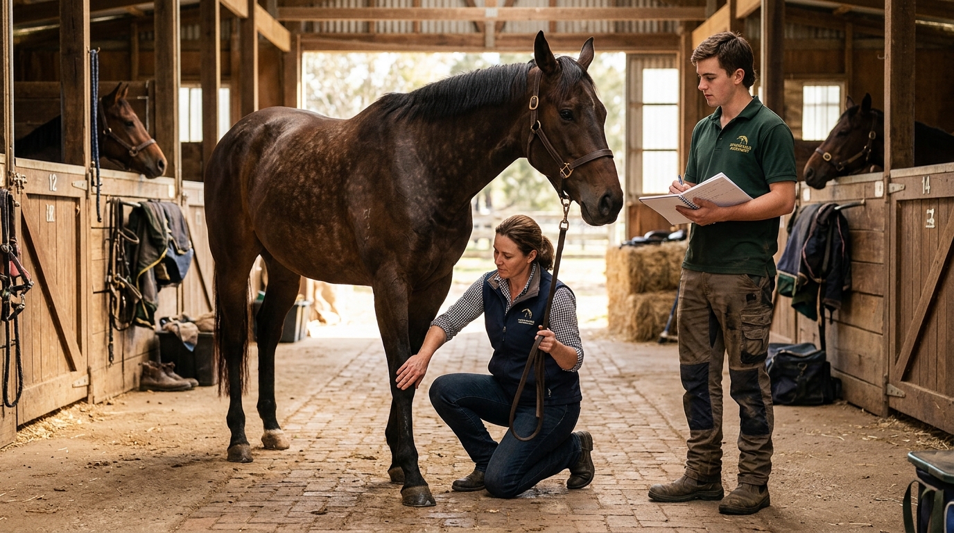 A horse owner and stable staff member inspecting a calm horse in a sunlit breezeway at an agistment property