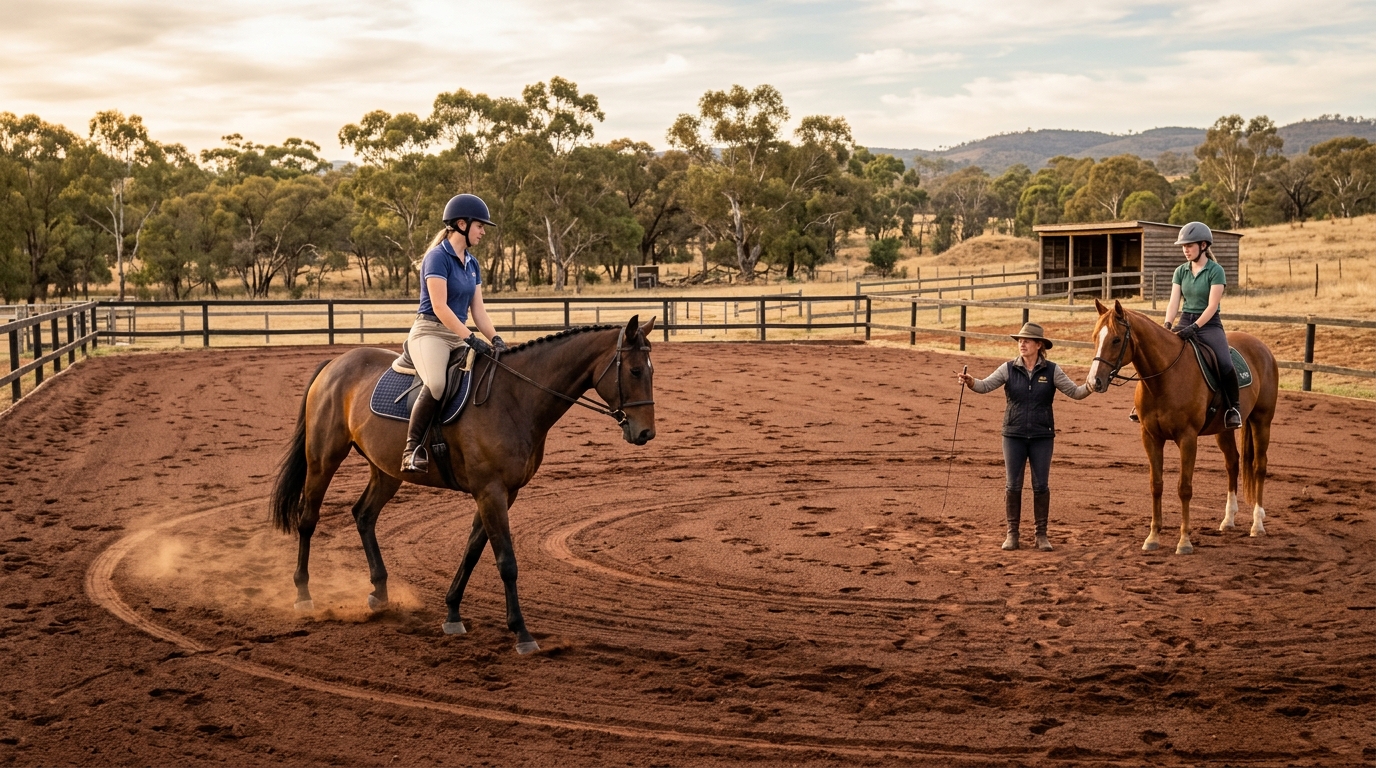 Equestrian riders receiving coaching in a spacious sand riding arena during an instructional lesson in rural Australia