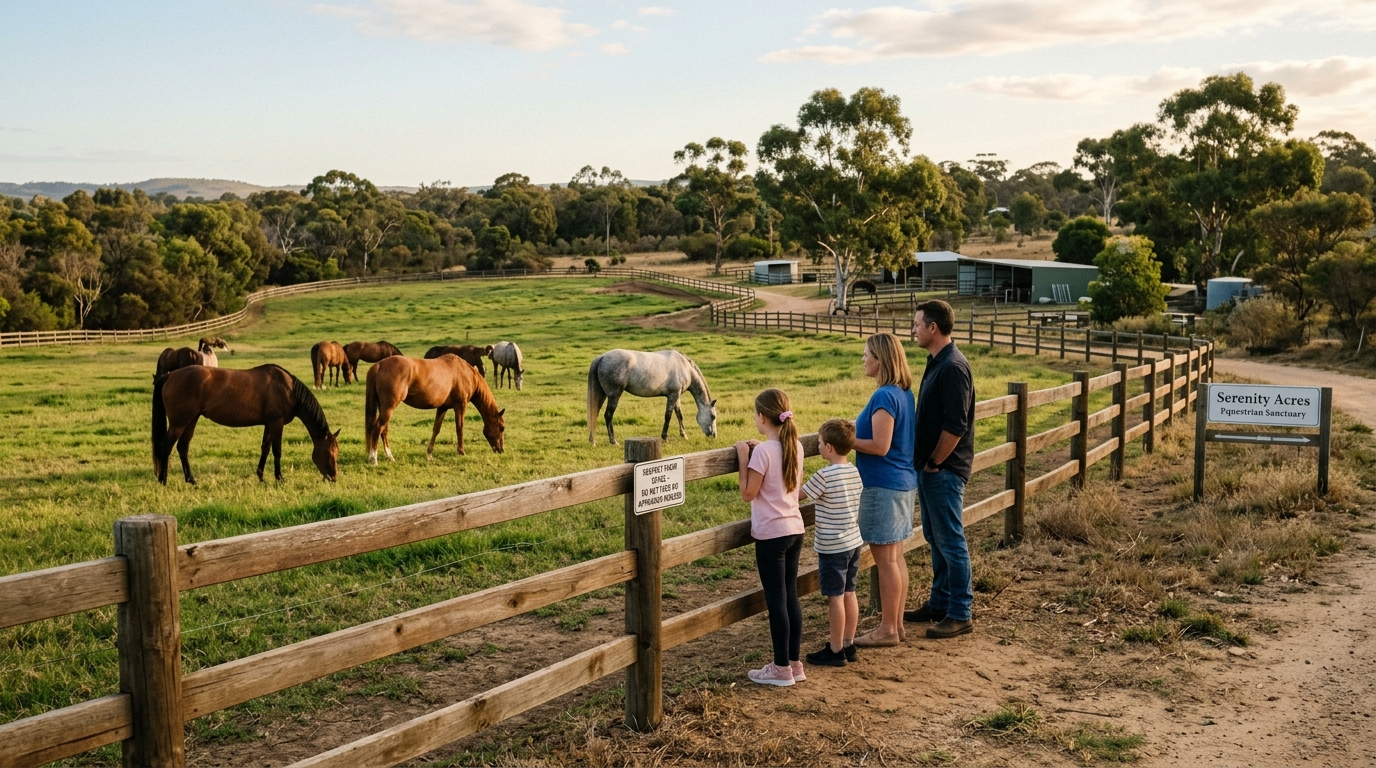 A family calmly observing horses grazing peacefully from behind a secure post-and-rail timber fence at an equestrian property