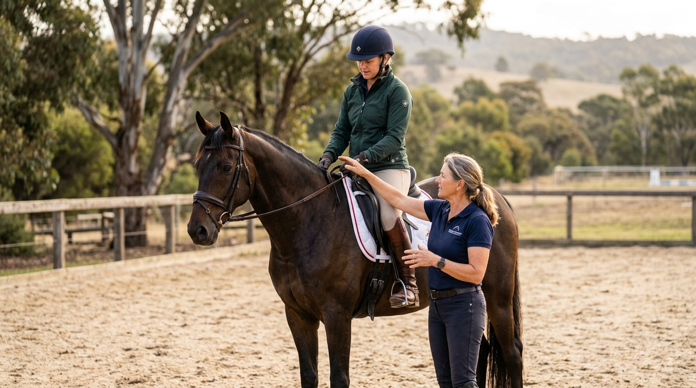 A horse rider and riding instructor discussing body alignment and lesson feedback in an outdoor arena